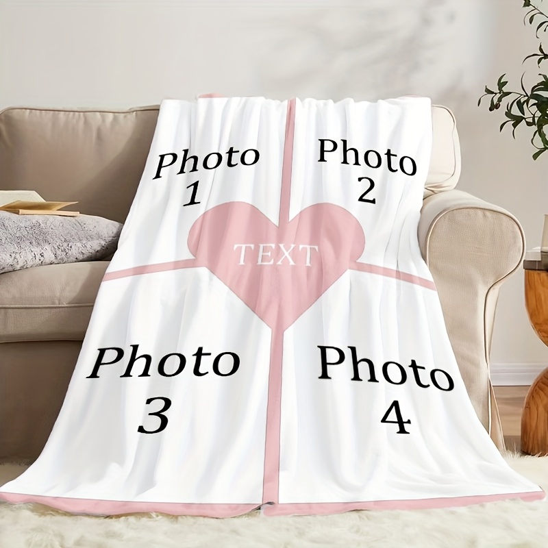 Personalized Photo Heart Pattern Flannel Blanket - Gift for Family